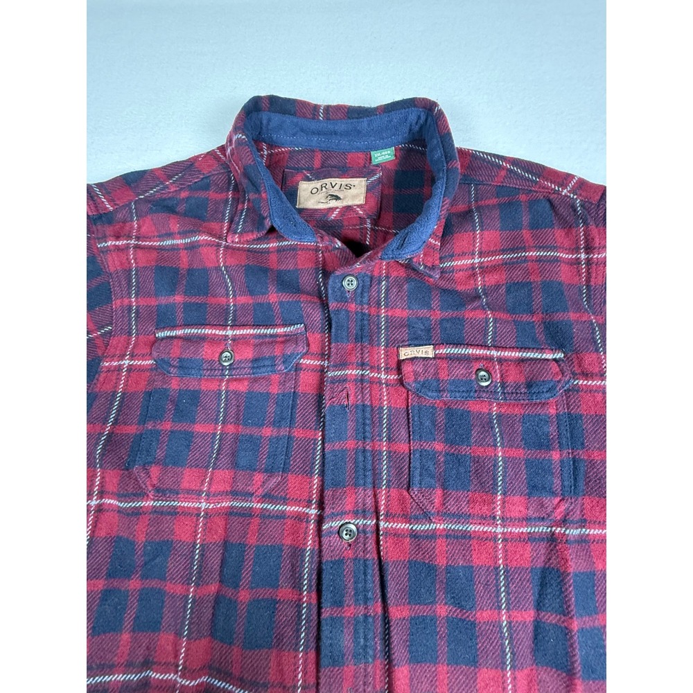 Orvis XXL Heavy Flannel Coat Shirt Red Blue Plaid Long Sleeve Button  Pockets